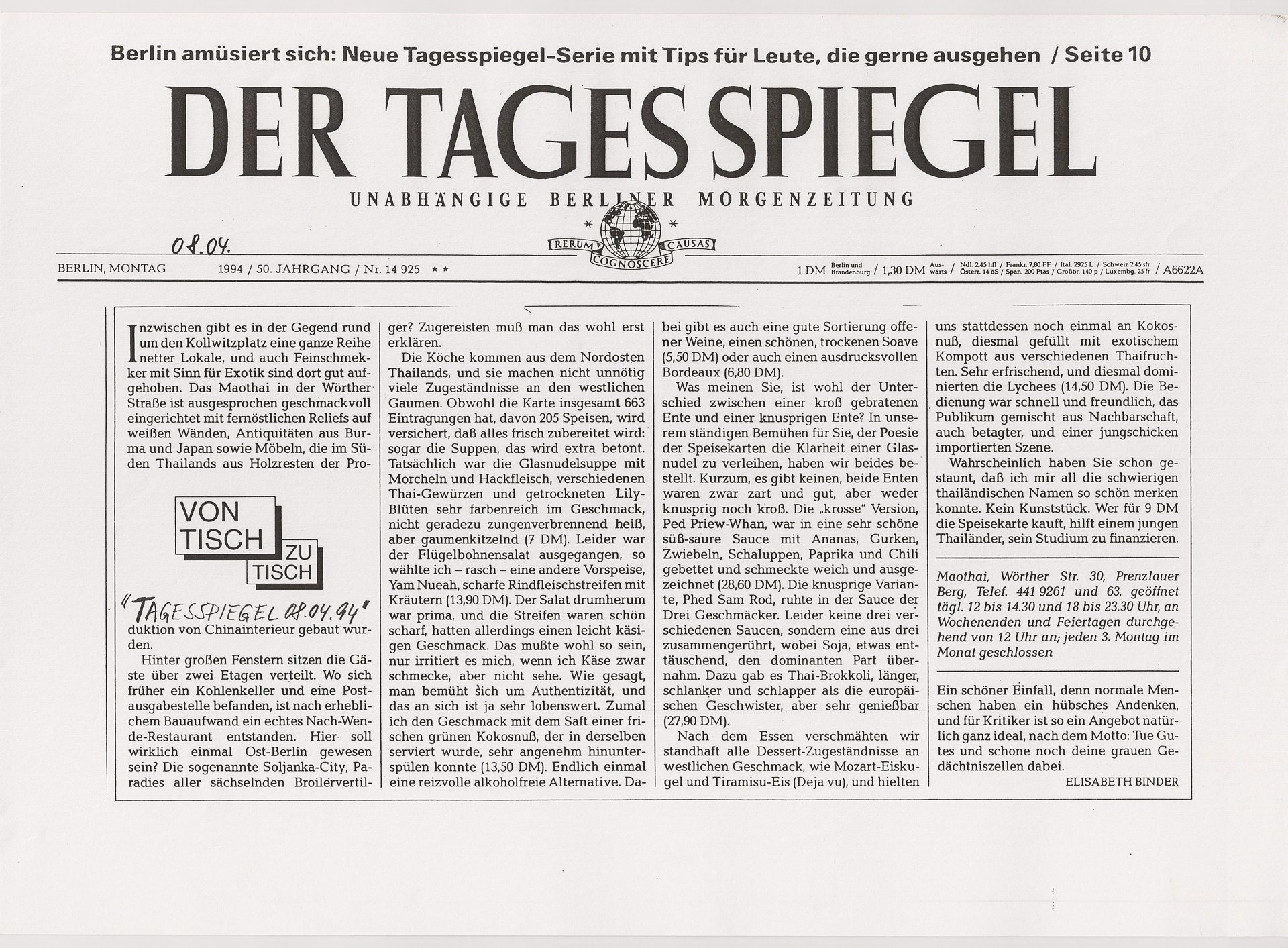 1994 Maothai, Binder Tagesspiegel
