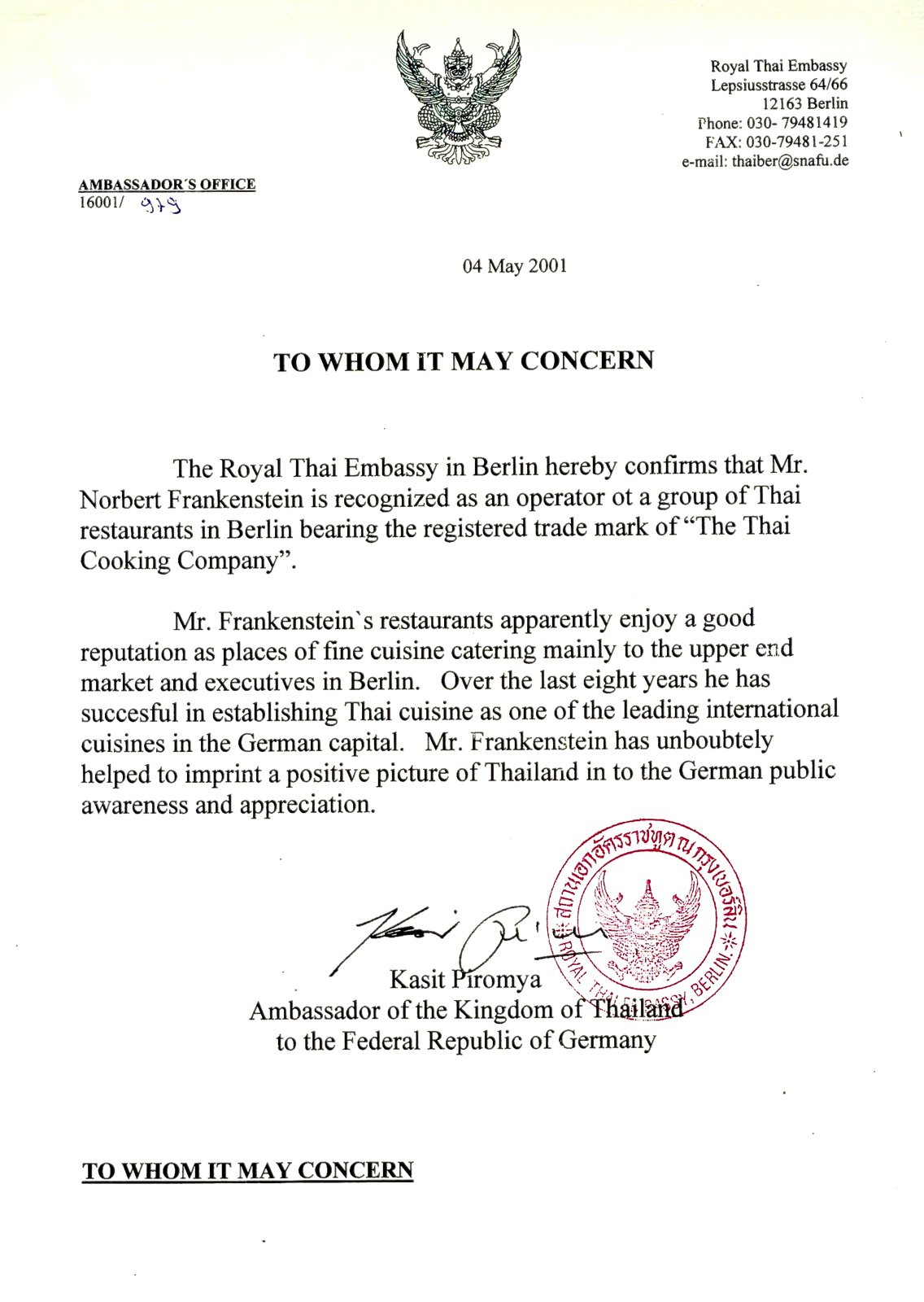 2001 Thai Embassy certificate